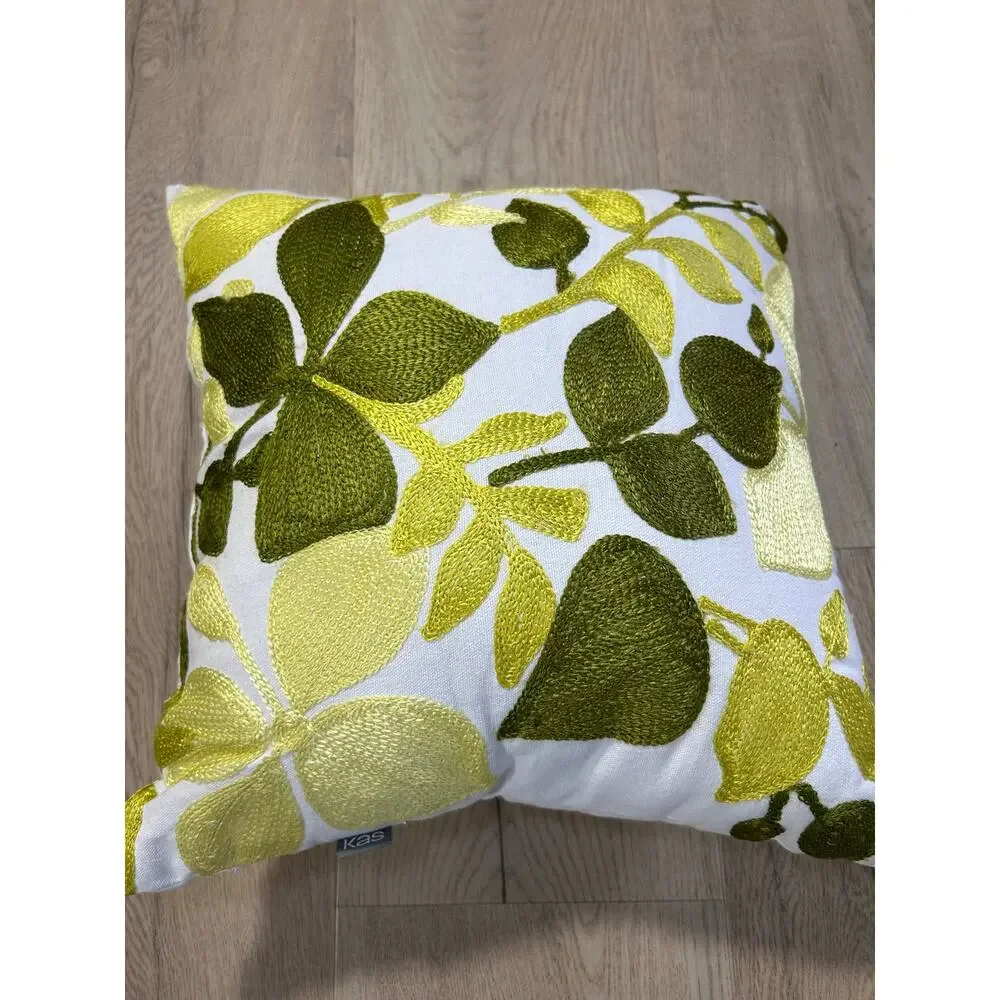KAS Embroidered Botanical Leaf Throw Pillow Green Yellow White Accent Cushion